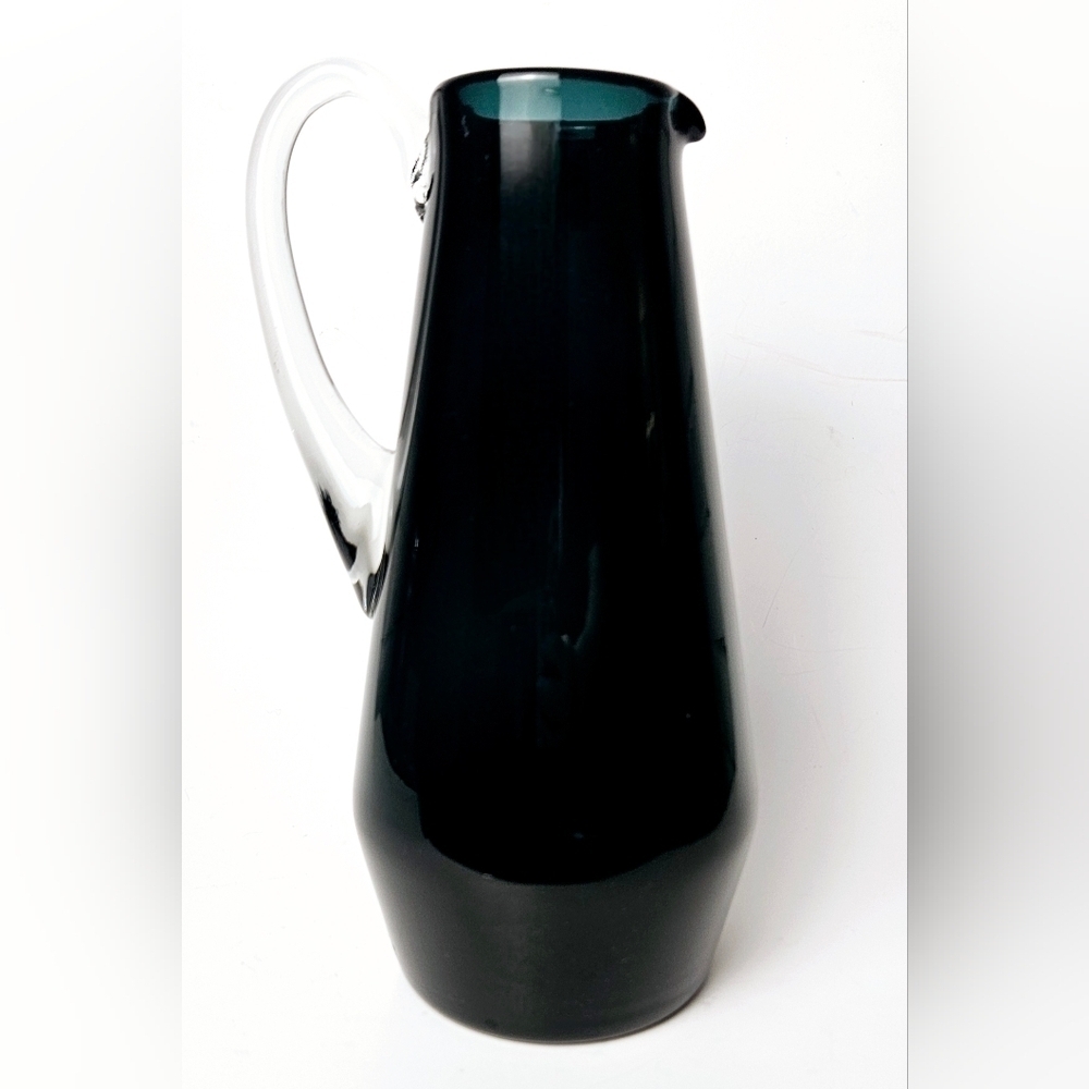Vintage Art Glass Pitcher Black Teal Interior Clear Handle MCM Style